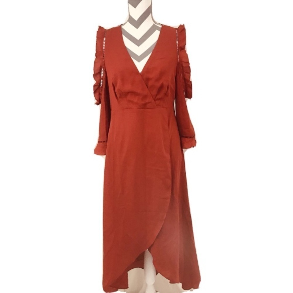 NWT - Aqua Cold Shoulder Ruffle Dress Burnt Orange High Low Wedding Guest Fall - Picture 4 of 10